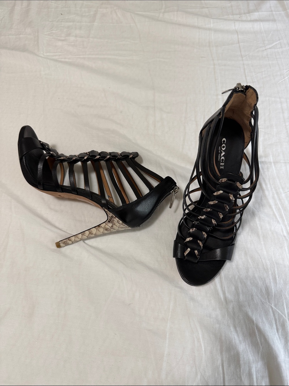 COACH Black Strappy High Heels with Snakeskin-Print Stiletto